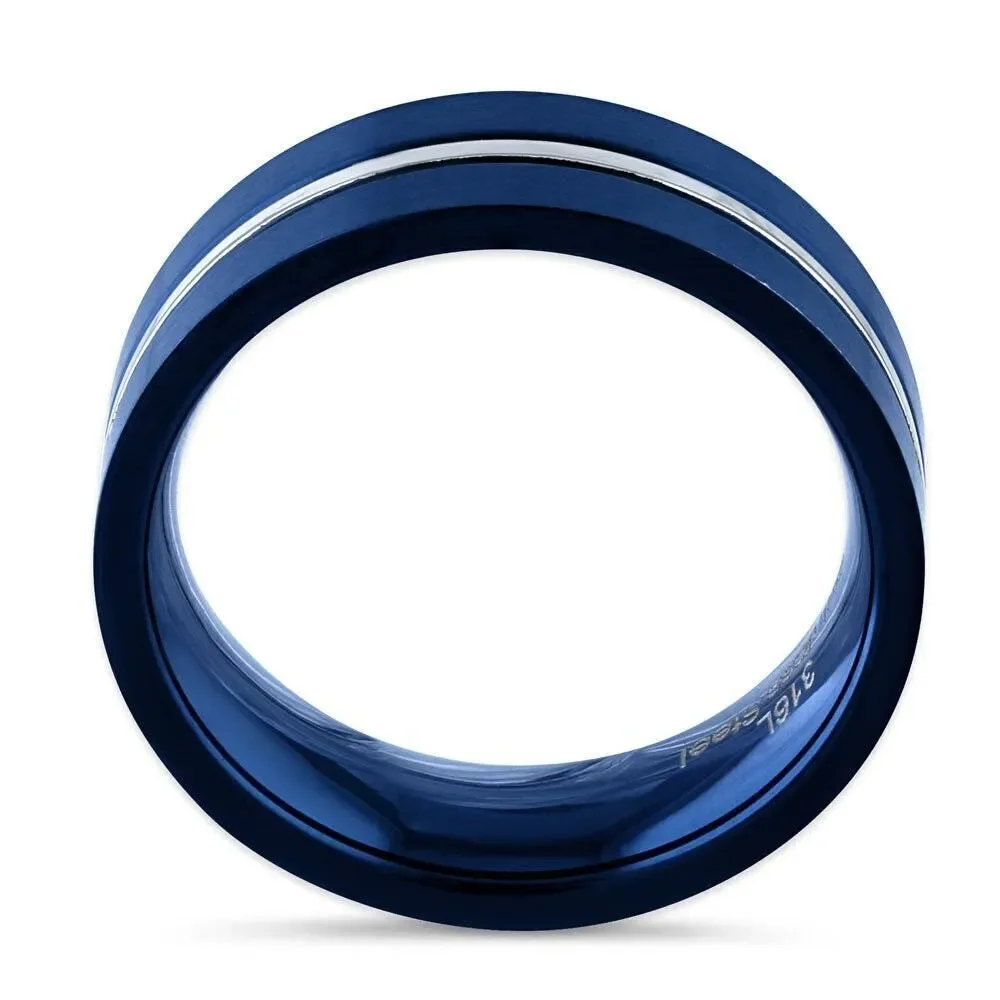 Blue Stainless Steel 6.5mm Satin Finish Striped Band Ring